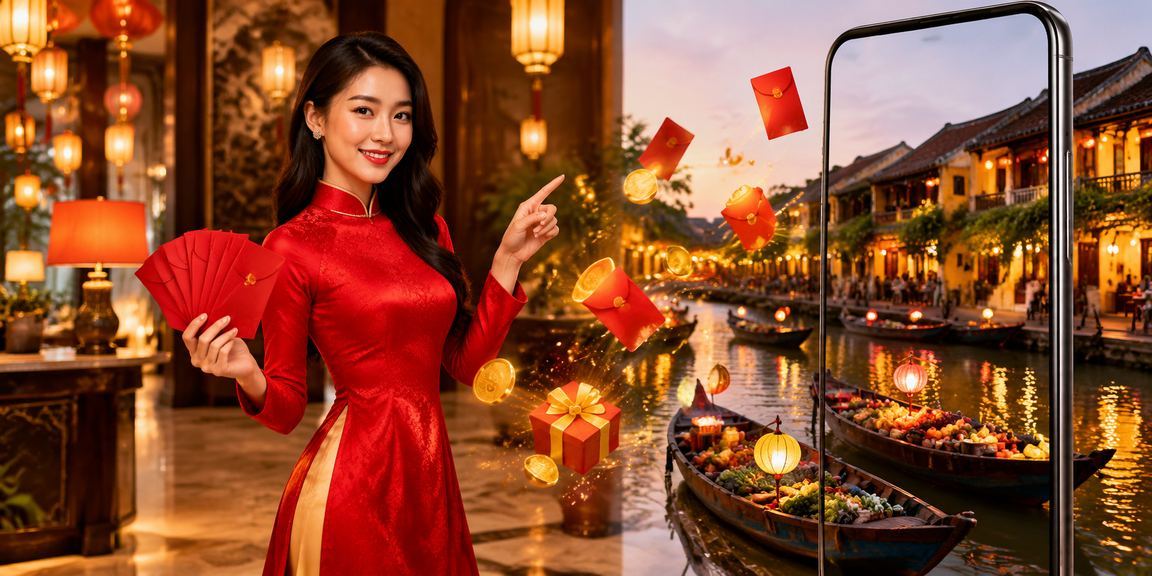 Không khí lễ hội Hội An với áo dài và phong bao đỏ thể hiện tinh thần thưởng thức giải trí Việt